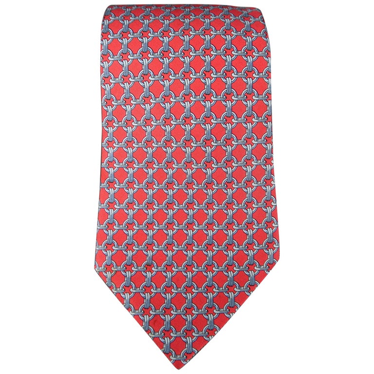 HERMES Red and Blue Chain Print Silk Tie at 1stDibs
