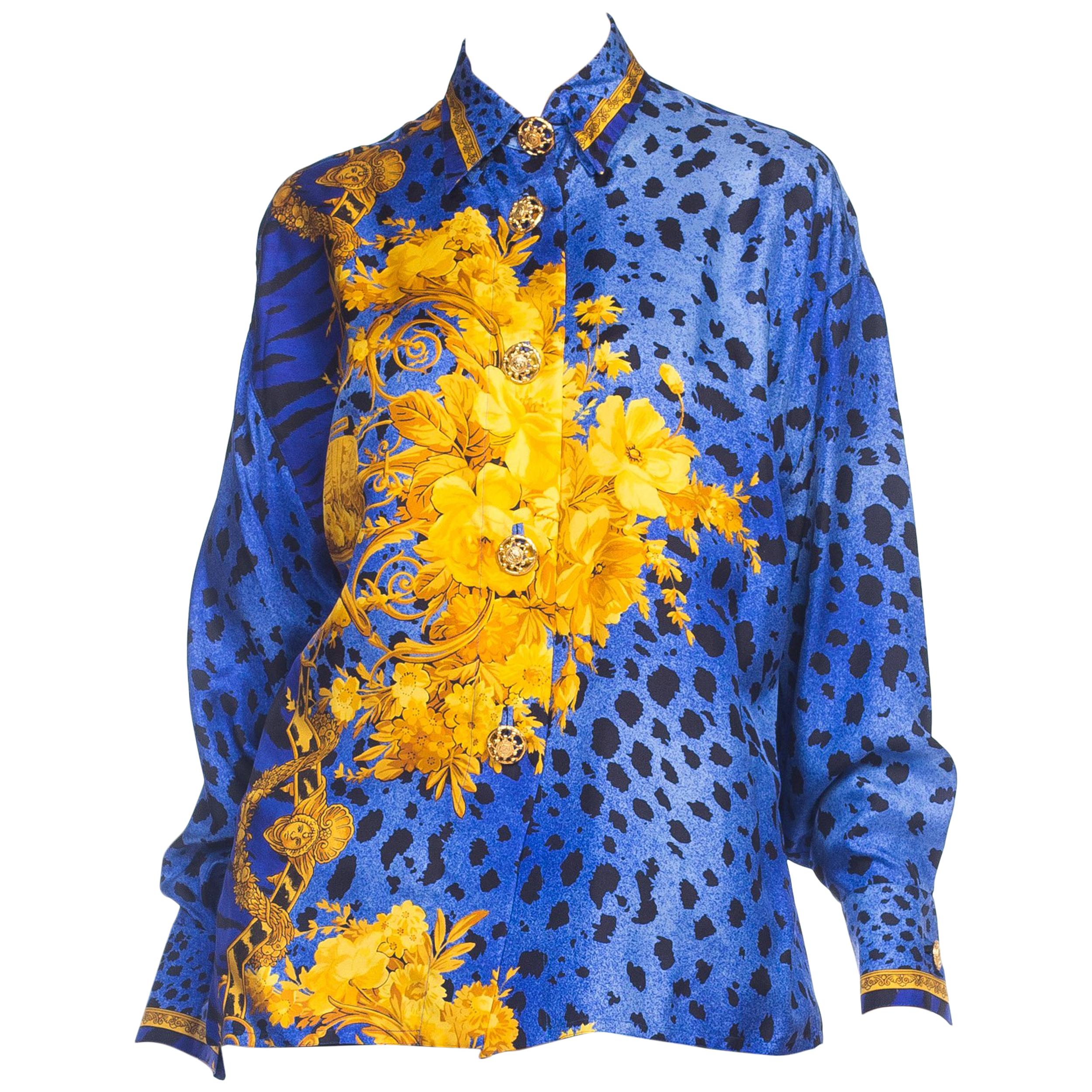 1990S GIANNI VERSACE Blue Silk Baroque Leopard Print Shirt With Gold Buttons
