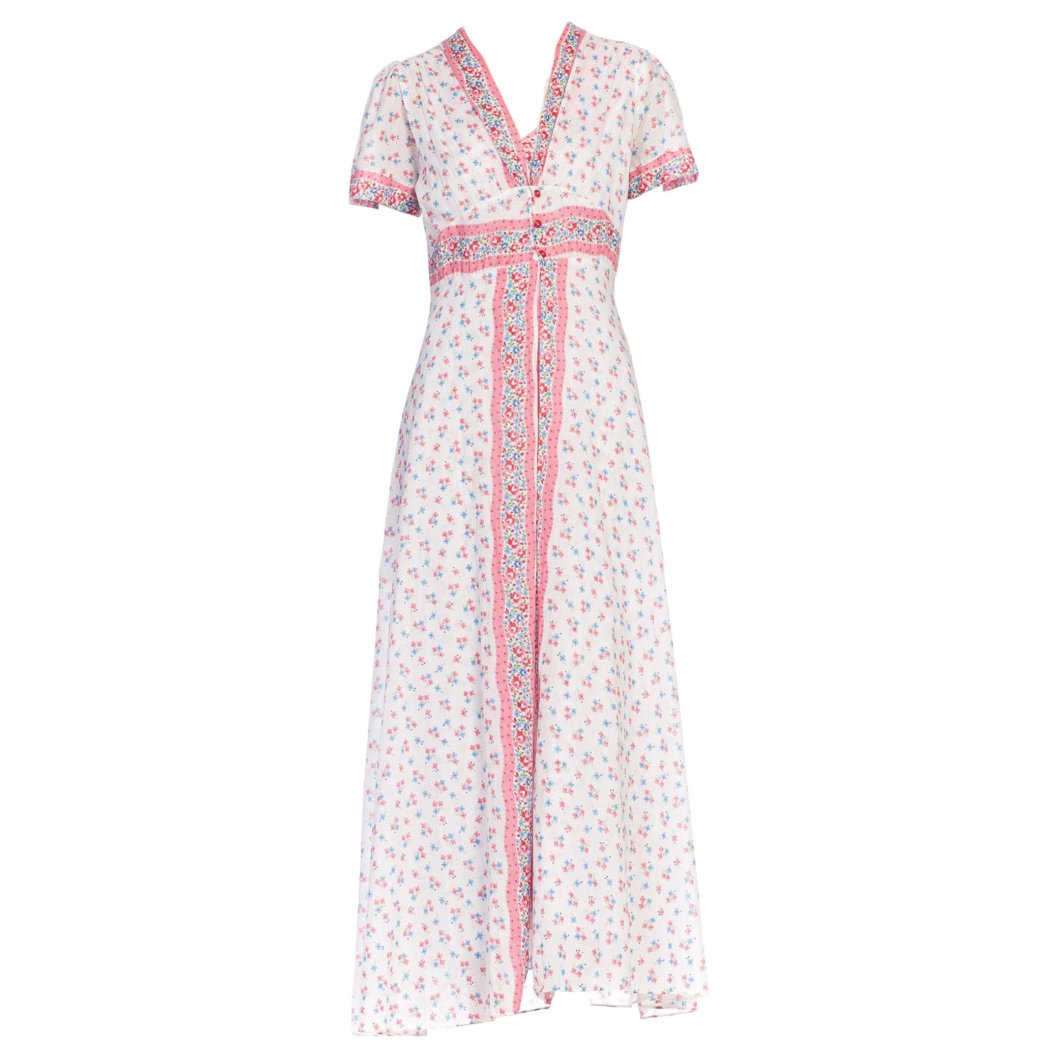 1930S Pink & Blue Floral Cotton Voile Bias Cut Negligee Slip Dress Robe For Sale