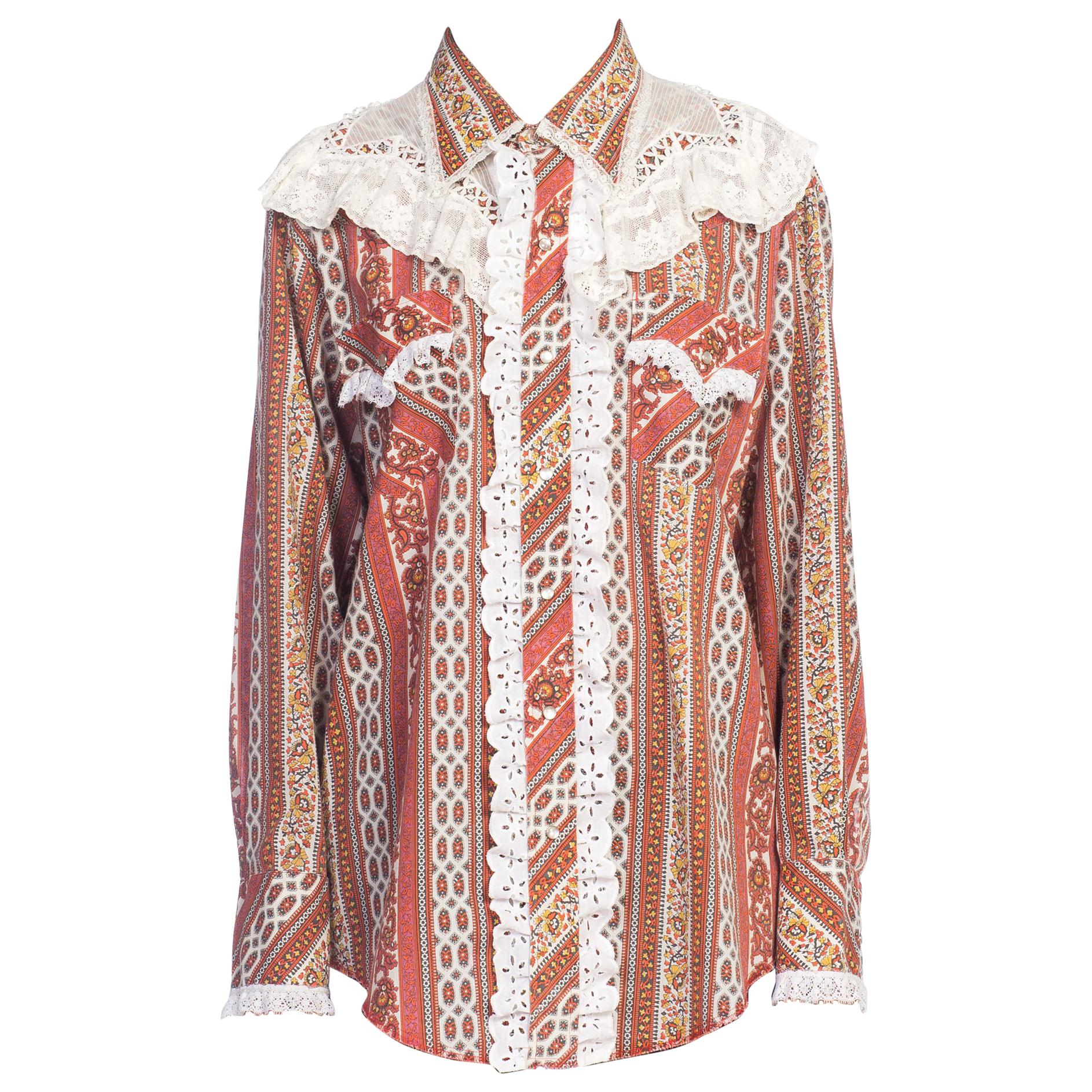 1970s Western Cowgirl Shirt With Vintage Lace Trim 