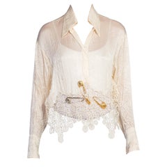 1990s Gianni Versace Punk Collection Crystal Safety Pin Lace Blouse 