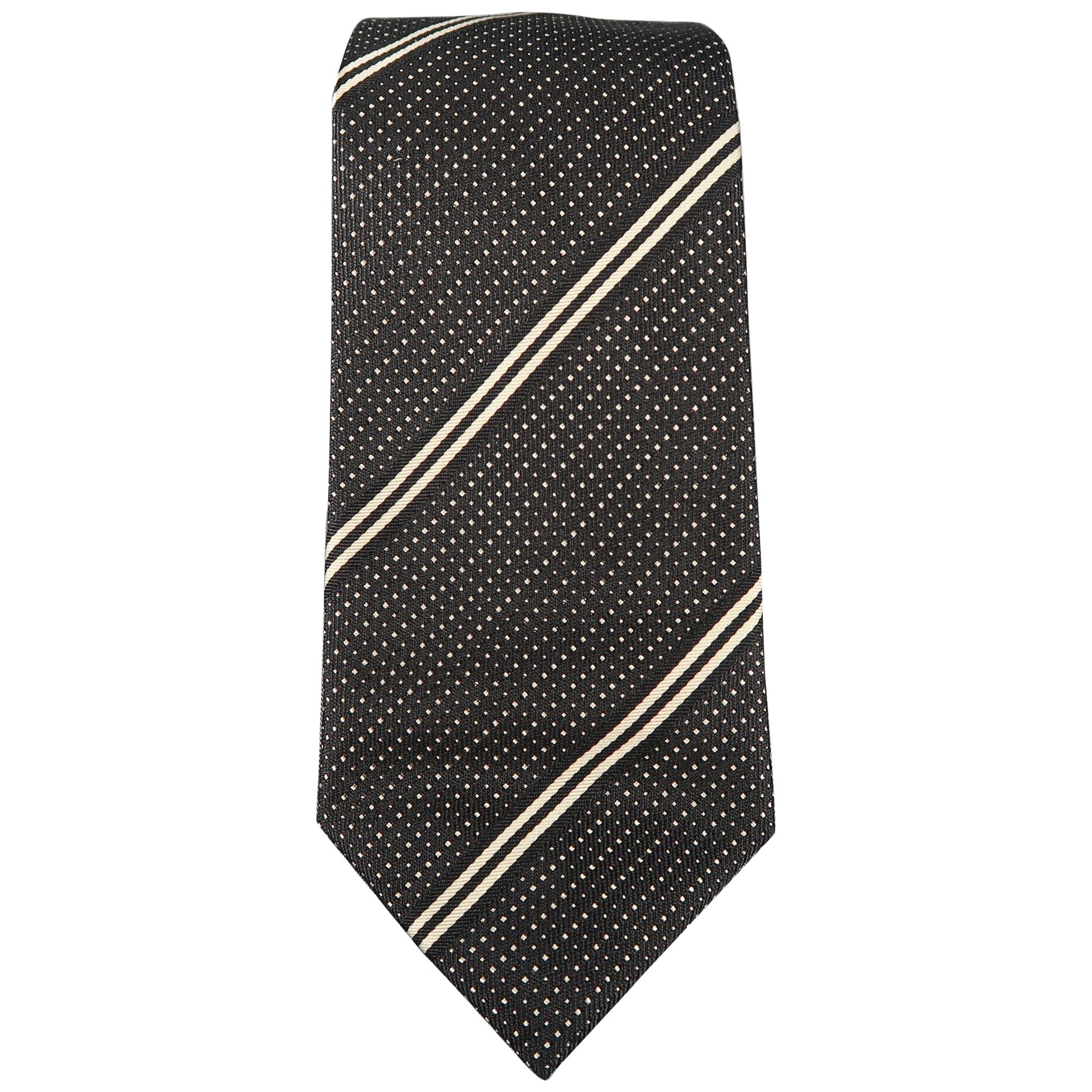 PRADA Black & White Diagonal Stripe Silk Tie