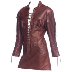 Vintage 1980s Western Cowgirl Leather Dress With Fringe 