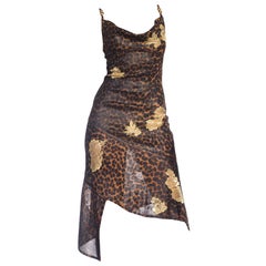 1990s Galliano Christian Dior Leopard Jersey Dress With Metallic Gold Lace 