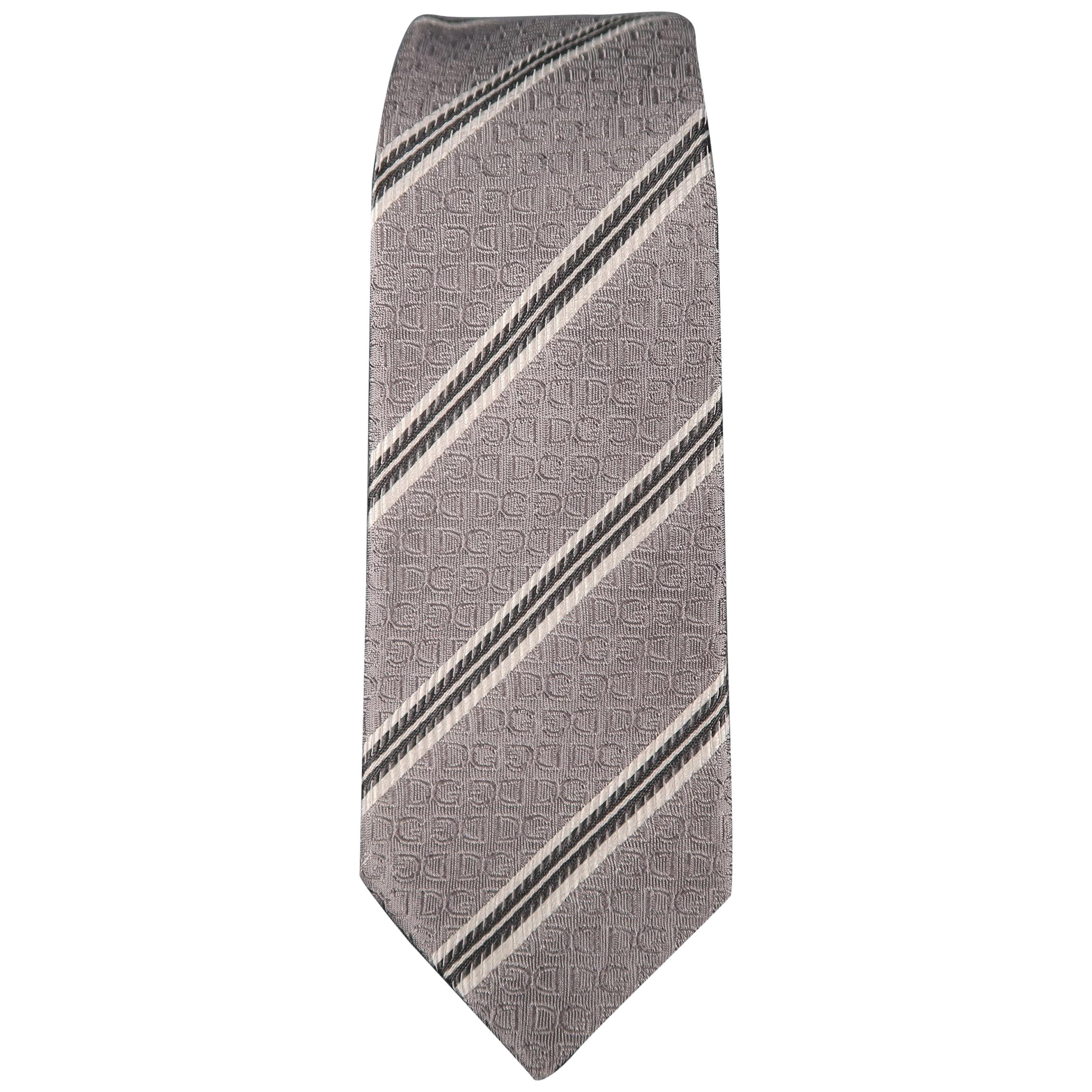 DOLCE & GABBANA Silver Diagonal Stripe Skinny Silk Tie