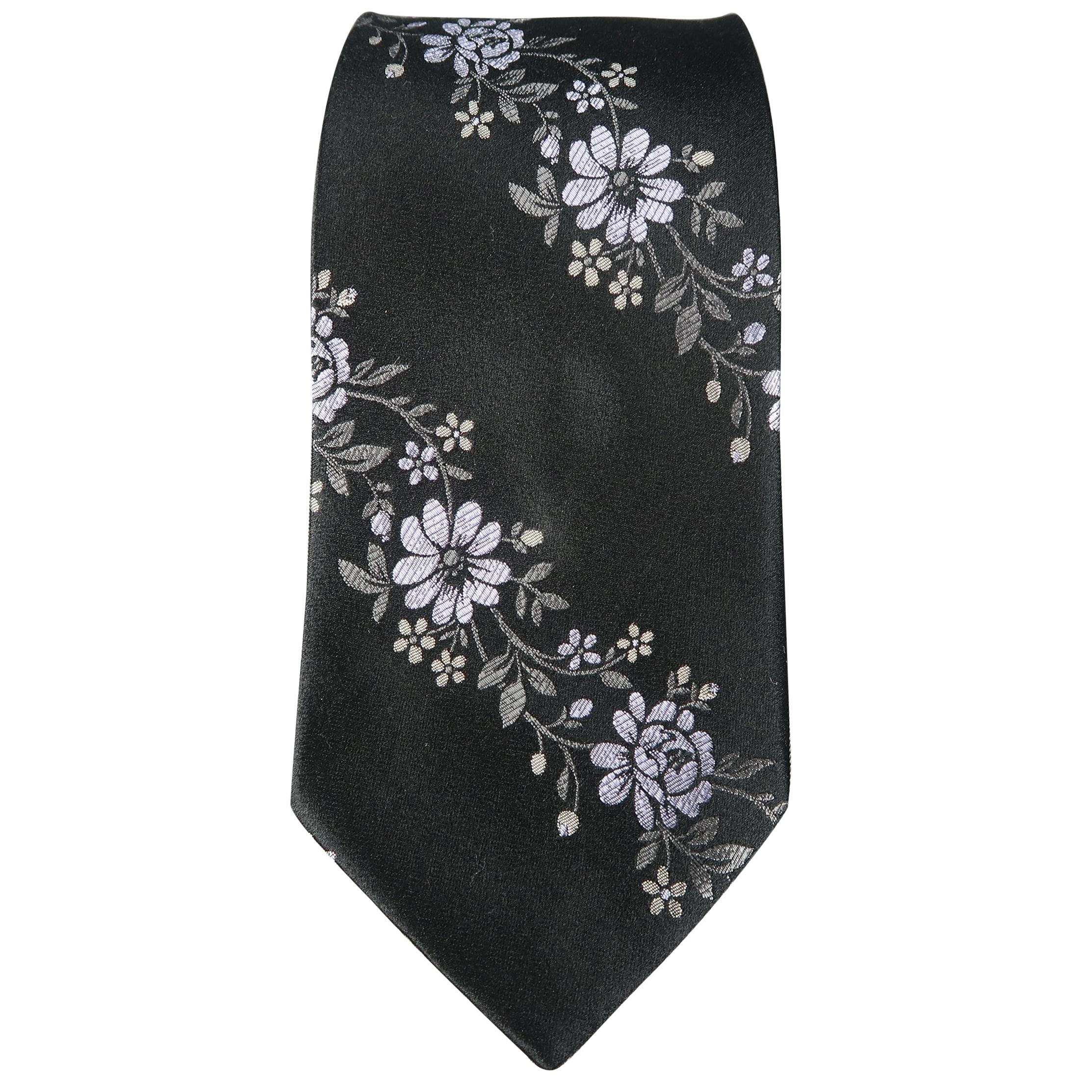 VALENTINO Black Lavender Flowers Silk Floral Tie