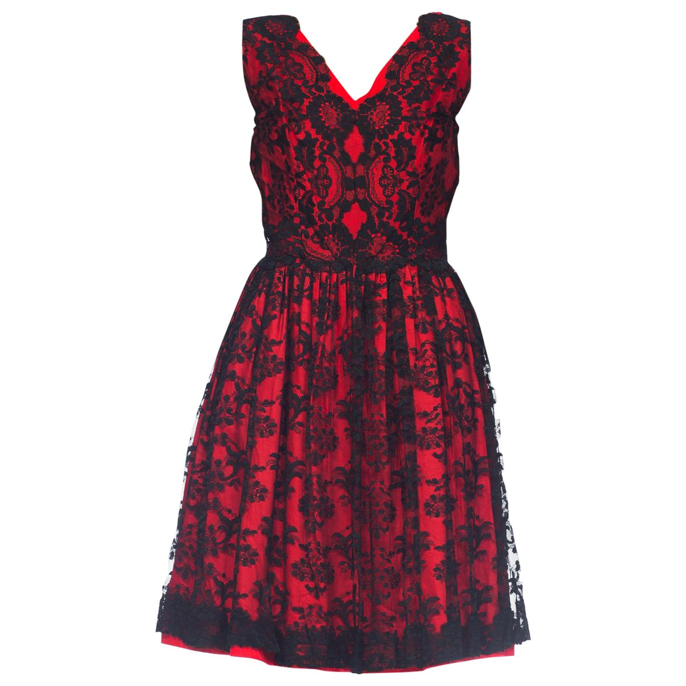 1950S Black & Red Cotton Sateen Chantilly Lace  Cocktail Dress