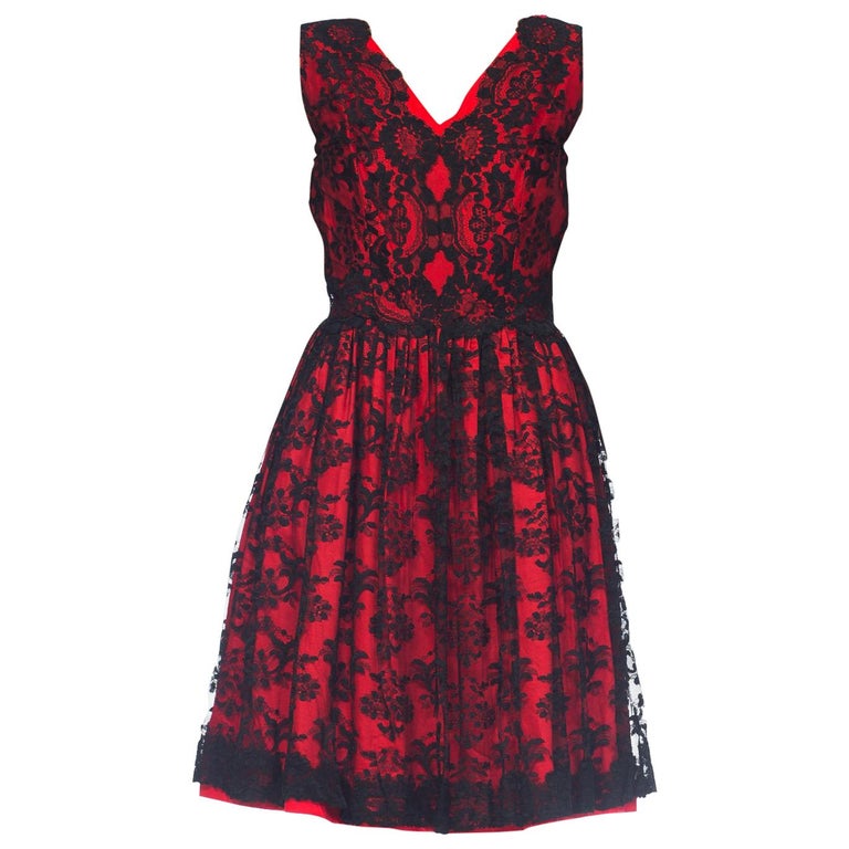 1950S Black and Red Cotton Sateen Chantilly Lace Cocktail Dress For ...