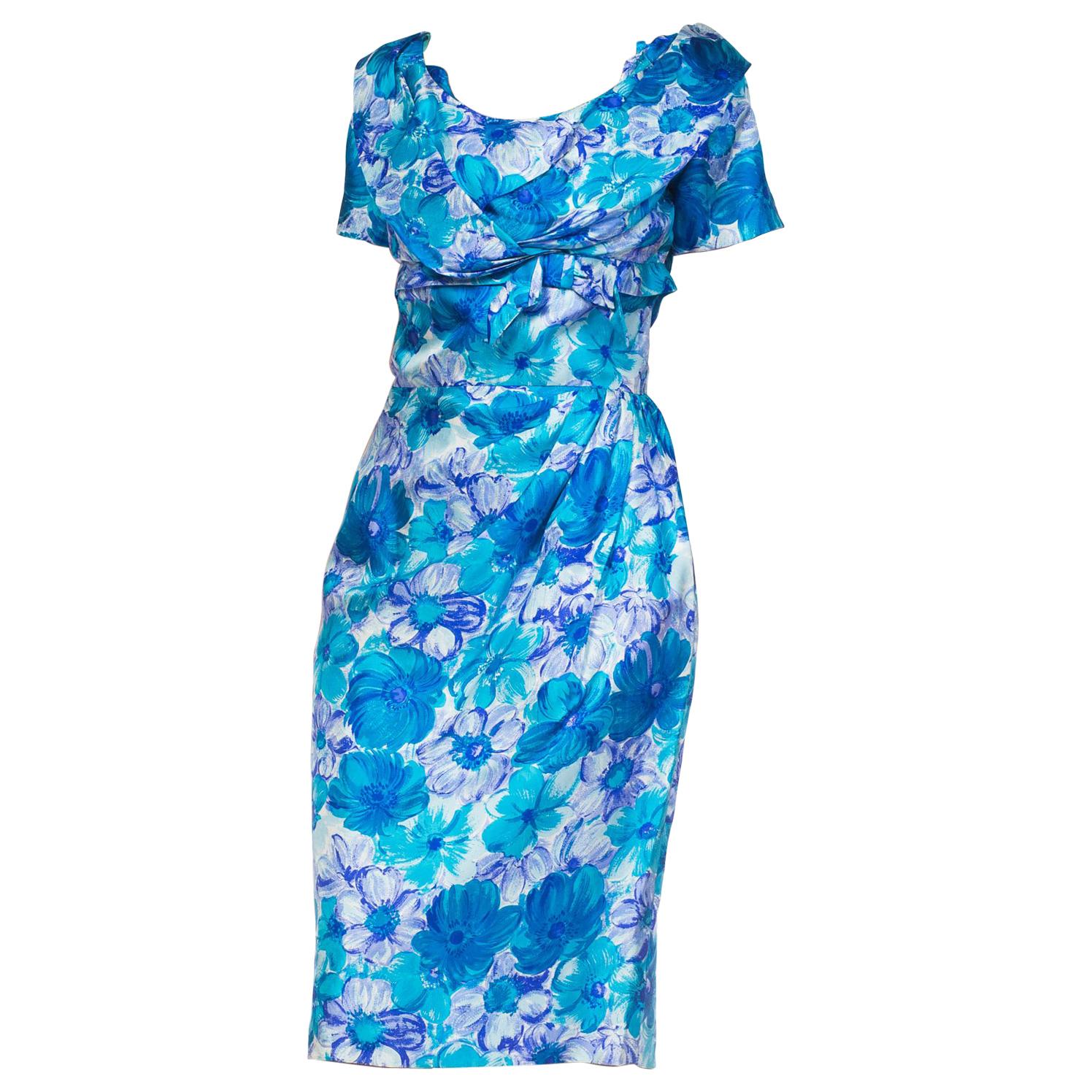 1950S Blue & White Floral Silk Twill Classy Dorothy Draper Dress