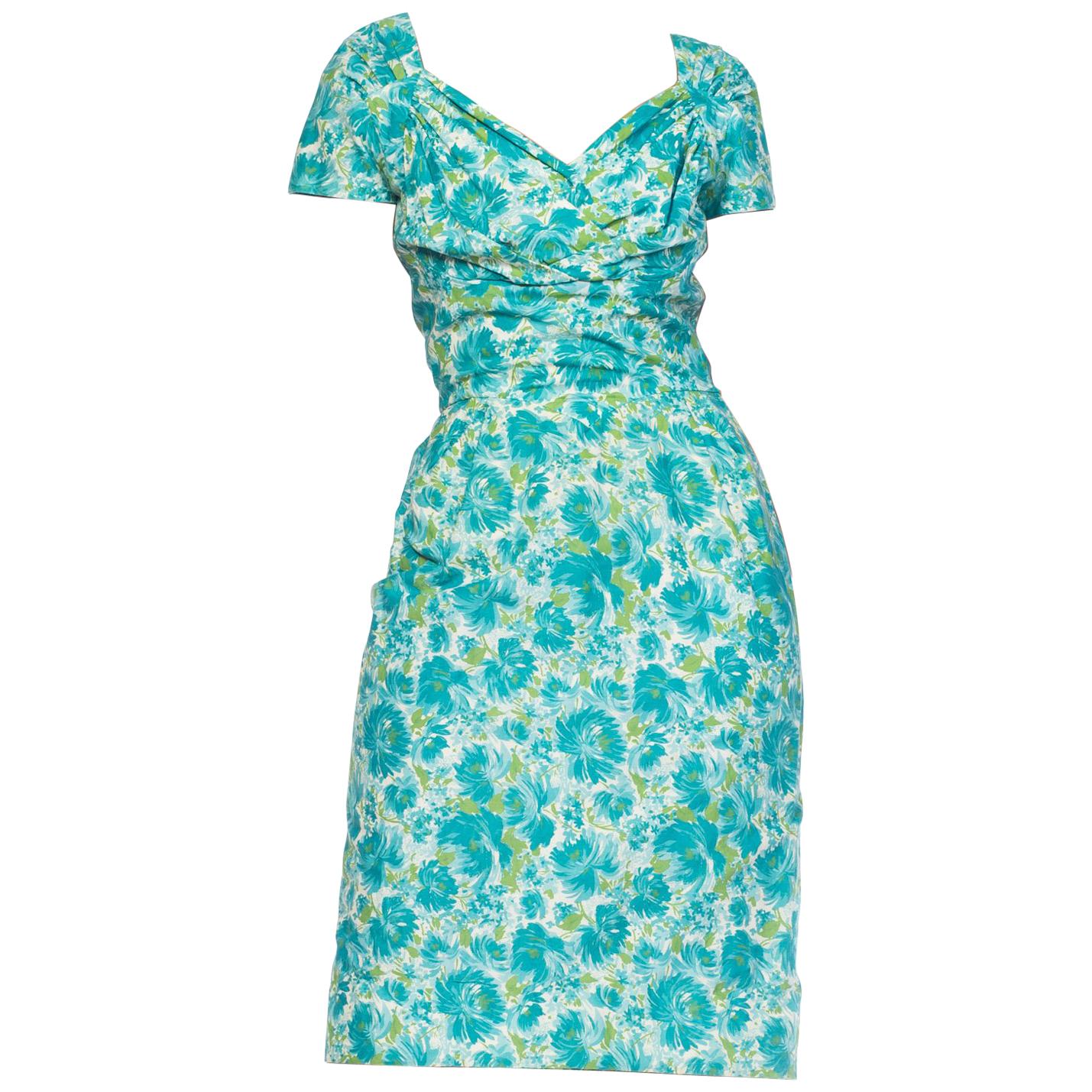 1950S Blue & Green Floral Cotton Dress With Draped Vava-Voom Neckline For Sale