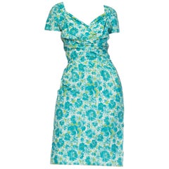 Vintage 1950S Blue & Green Floral Cotton Dress With Draped Vava-Voom Neckline