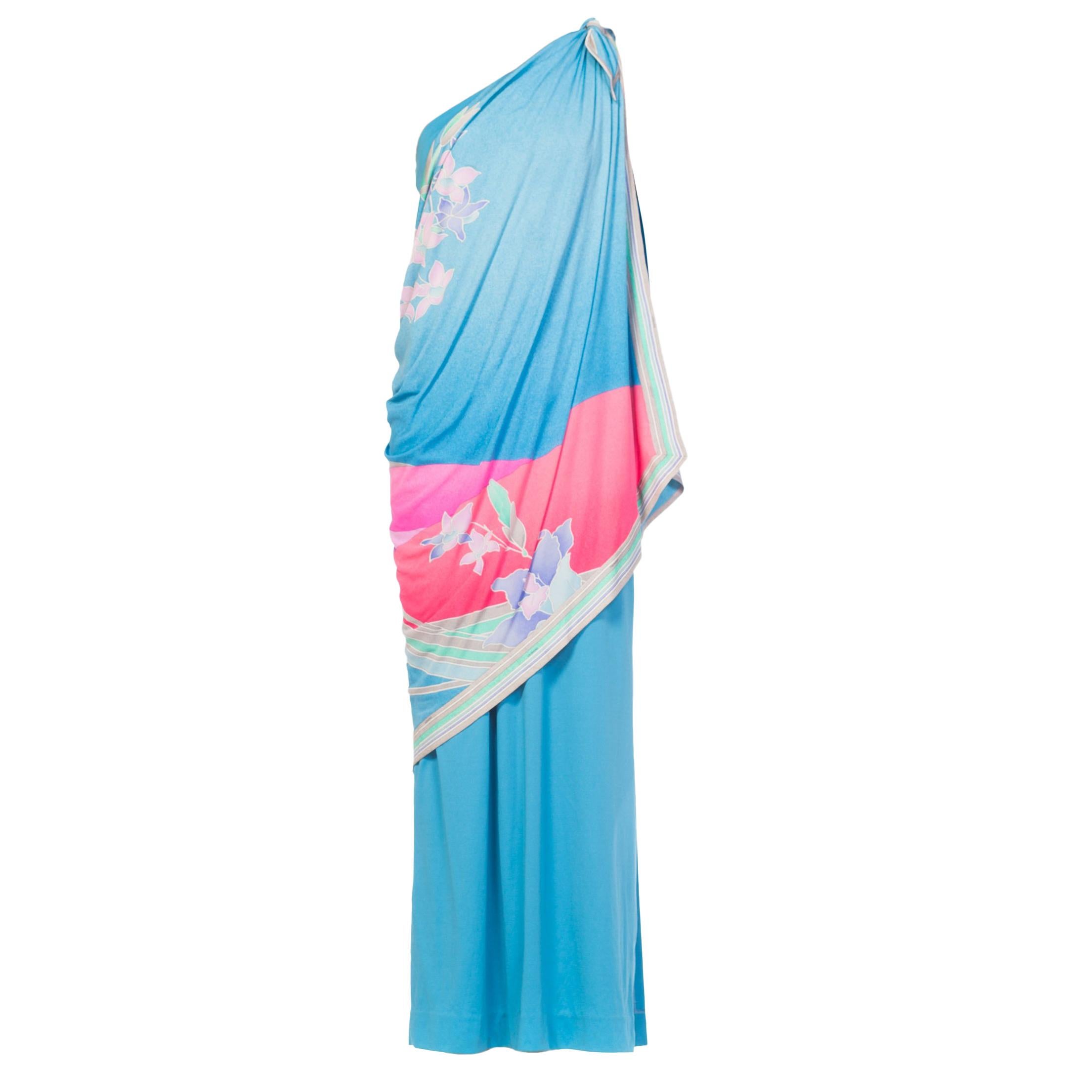 1970S LEONARD Aqua & Pink Silk Jersey Draped One Shoulder Tropical Floral Gown
