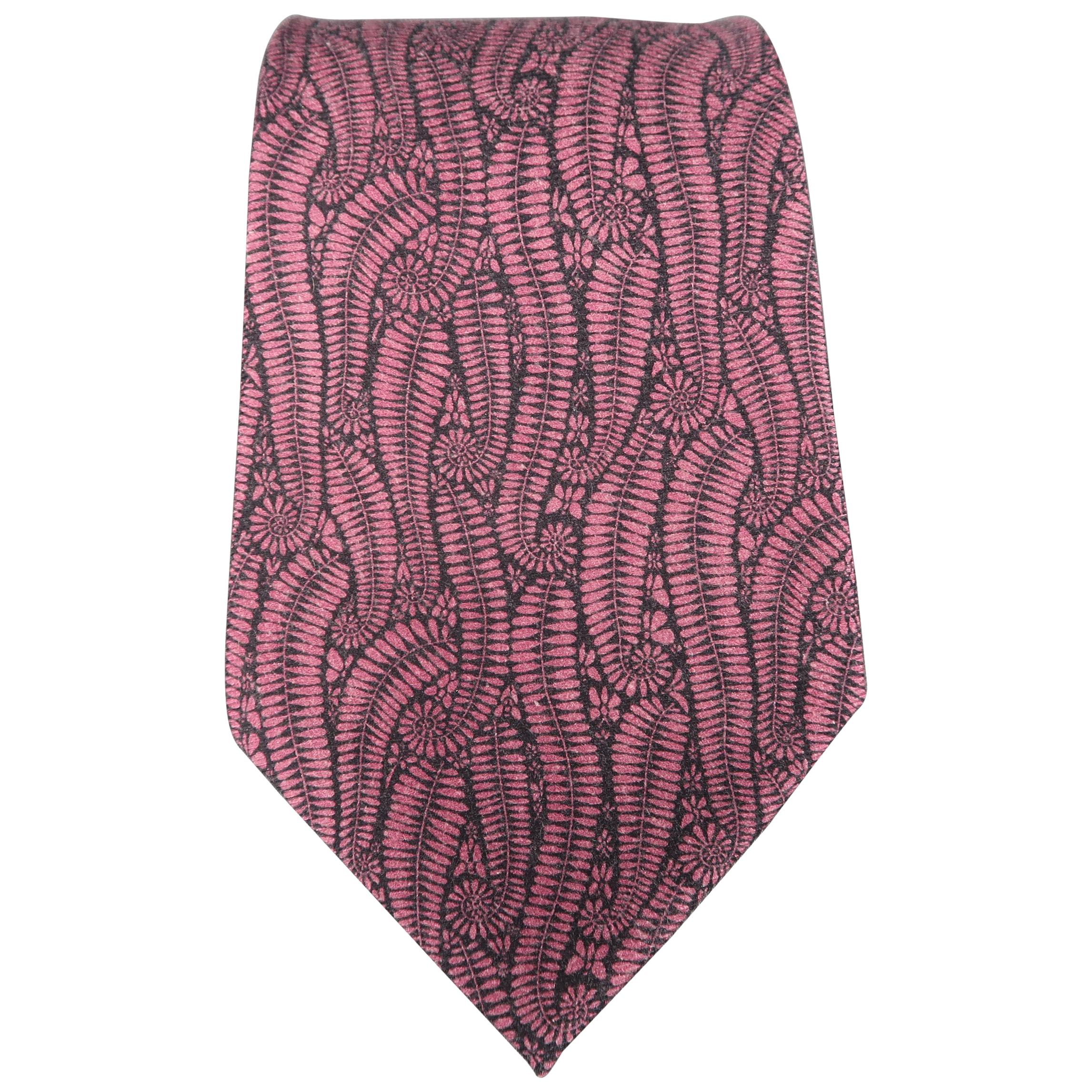 TOM FORD Dark Pink Floral Leaf Print Cashmere - Silk Wide Tie