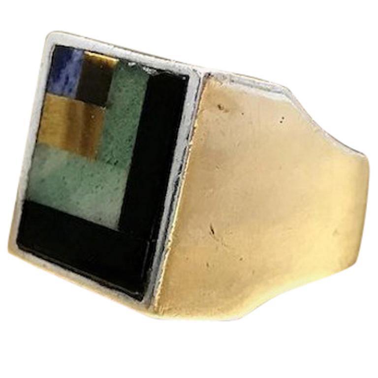 Modernist Mod 1960s Vintage Onyx Jade Mens Sterling Silver Christmas Gift Ring For Sale