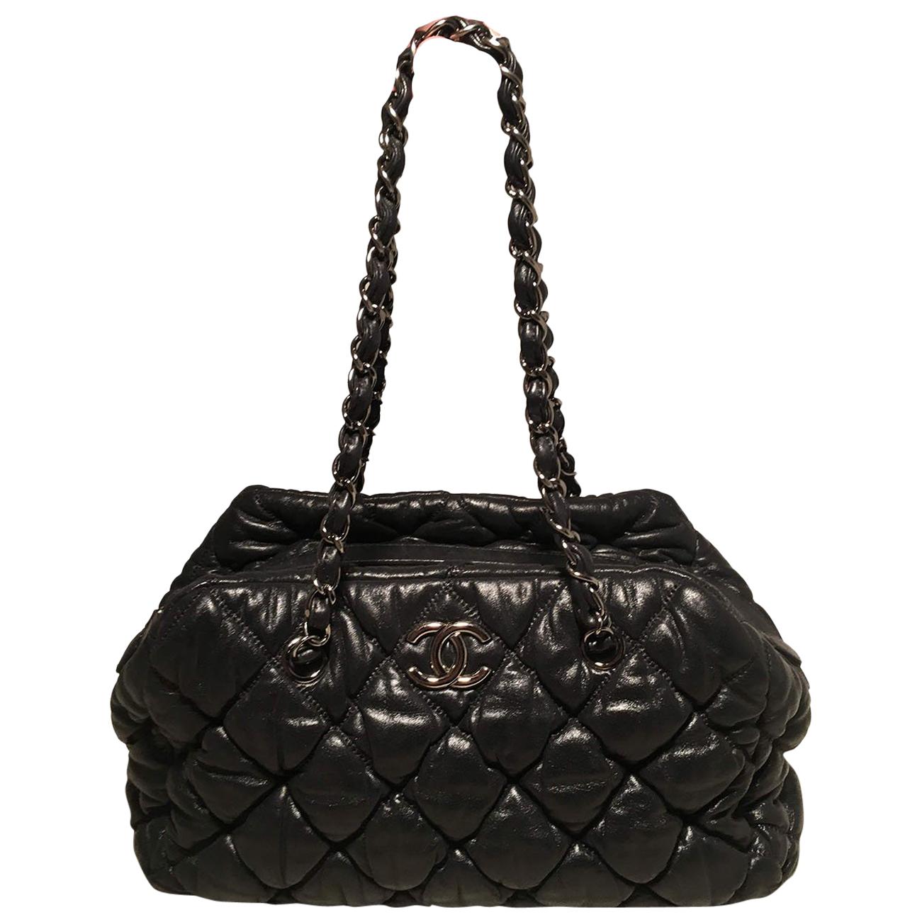 Chanel Dark Gray Quilted Puffy Leather Shoulder Bag Tote