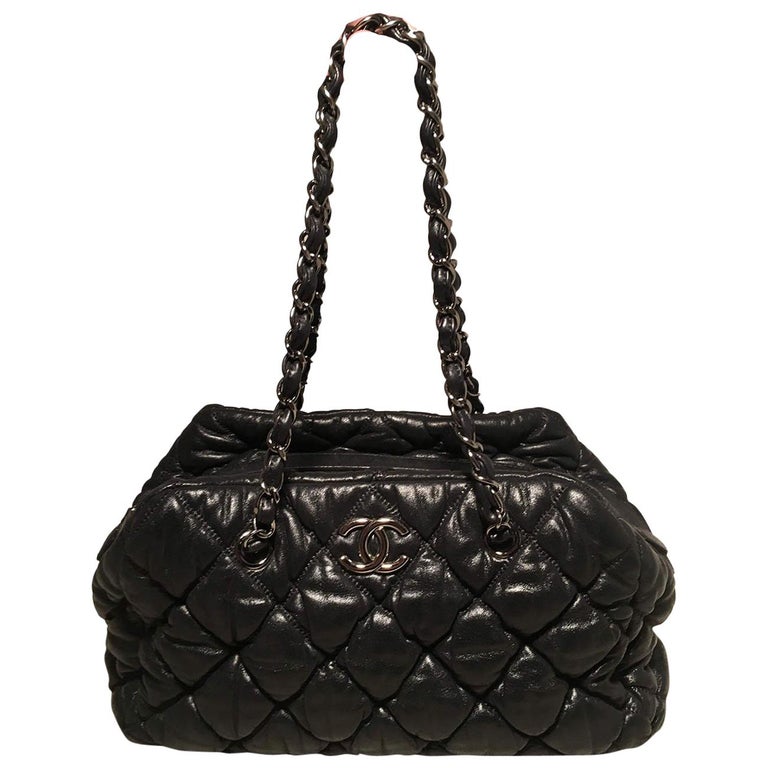 Chanel Black Quilted Puffy Leather Shoulder Bag Tote For Sale at 1stdibs