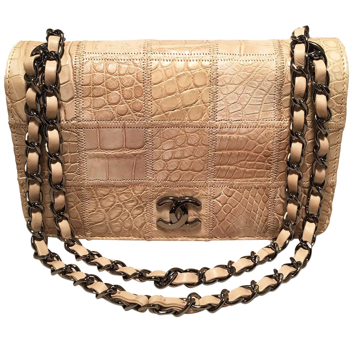 RARE Chanel Natural Beige Crocodile Quilted Classic Flap Shoulder Bag