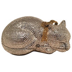 Judith Leiber Clear Swarovski Crystal Cat Minaudiere with Gold Bow