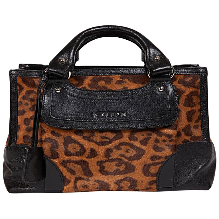 CELINE Boogie Model Bag in Leopard Printed Foal and Black Leather 