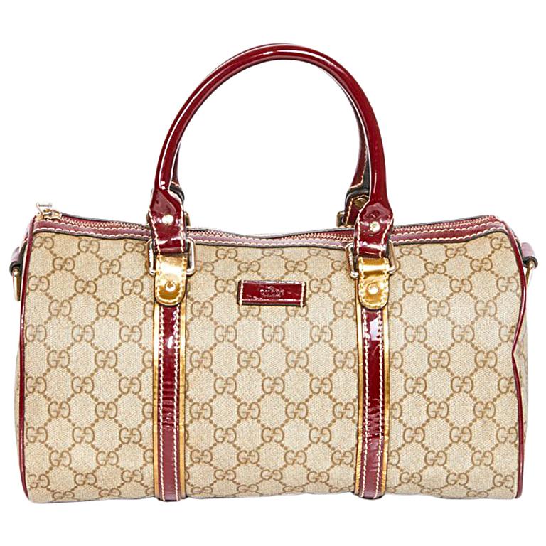 GUCCI Bag, Speedy Model, in Gray Monogram Canvas and Burgundy Patent  Leather For Sale at 1stDibs