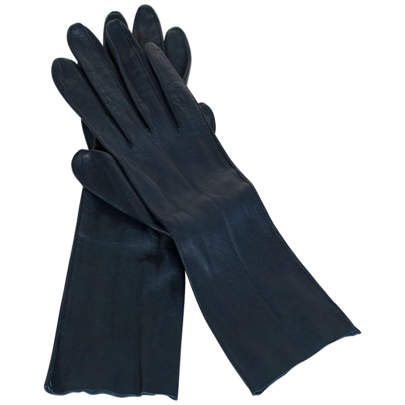 Navy Kidskin Leather Dress Gauntlet Forearm Gloves - Extra Small, 1950s For Sale