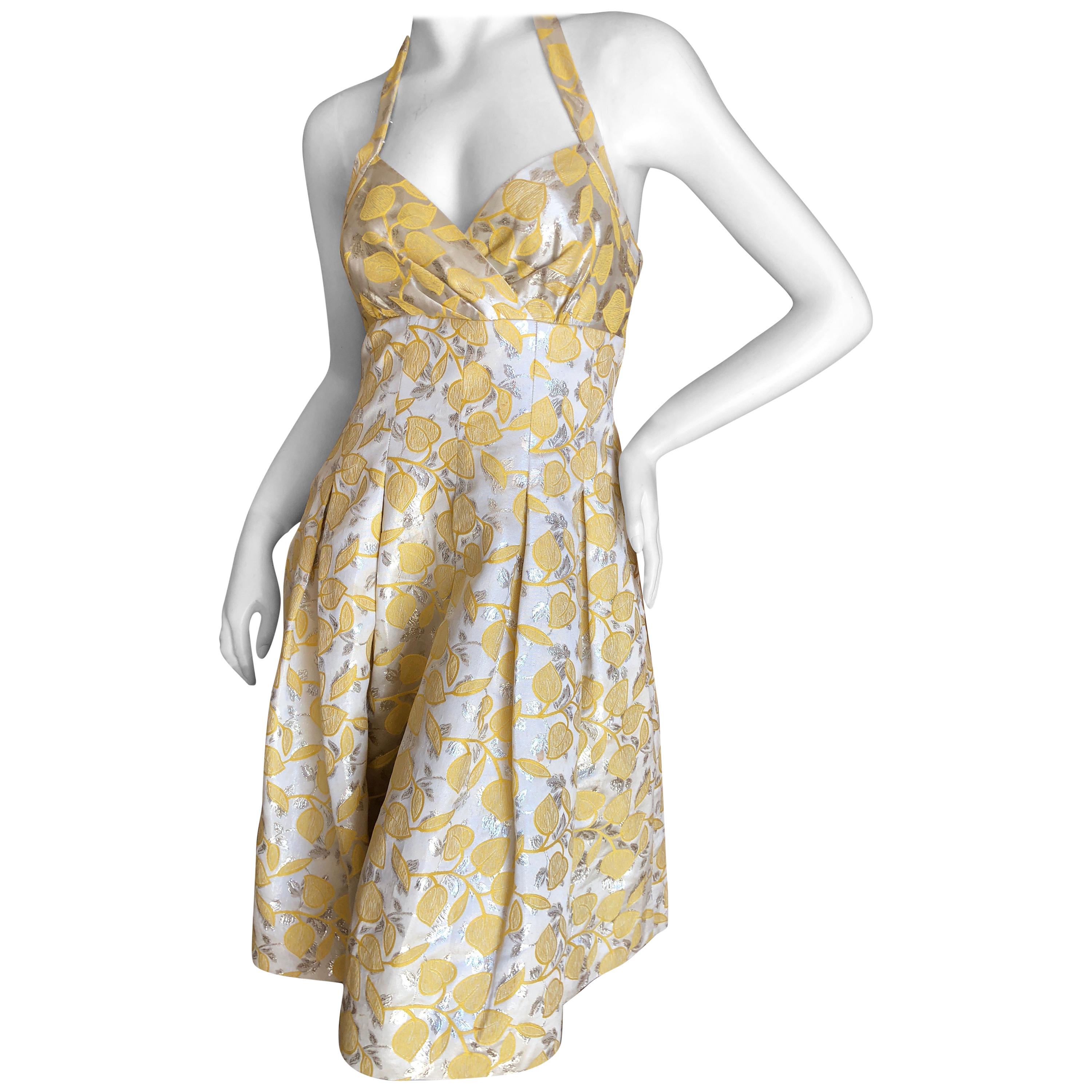 Moschino Cheap & Chic Vintage Silver Brocade Yellow Leaf Pattern Cocktail Dress For Sale