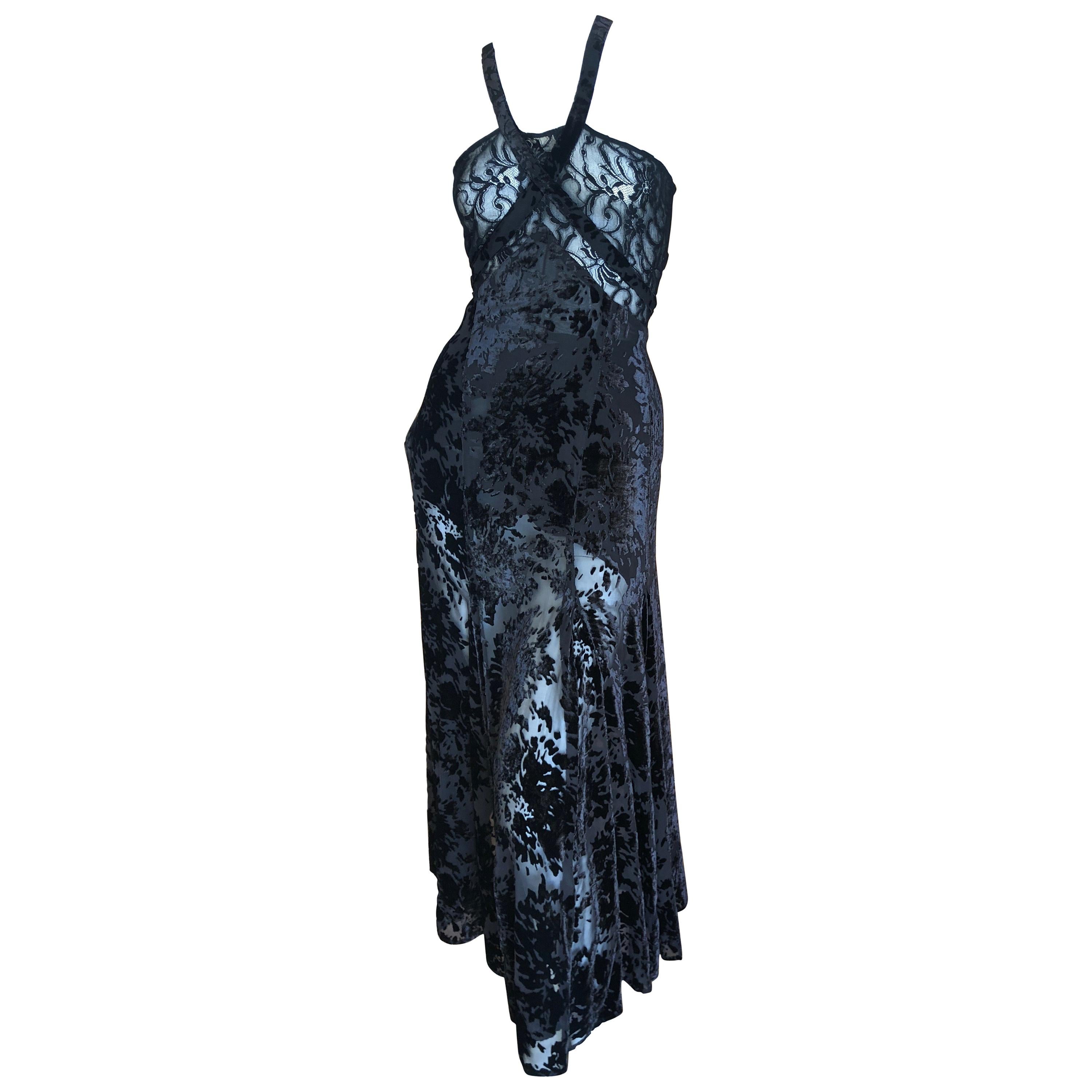 Sonia Rykiel Black Devore Velvet and Lace Vintage Dress For Sale