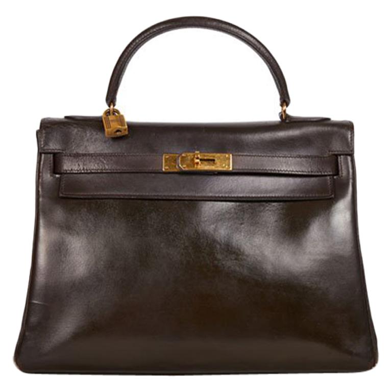 HERMES Vintage Kelly 32 Handbag in Brown Box Leather