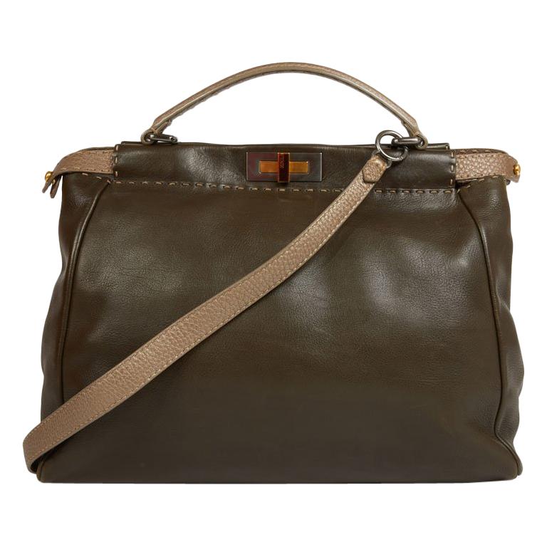 FENDI Tote Bag, Peekaboo Model, in Two-Tone khaki and iridescent brown Leather