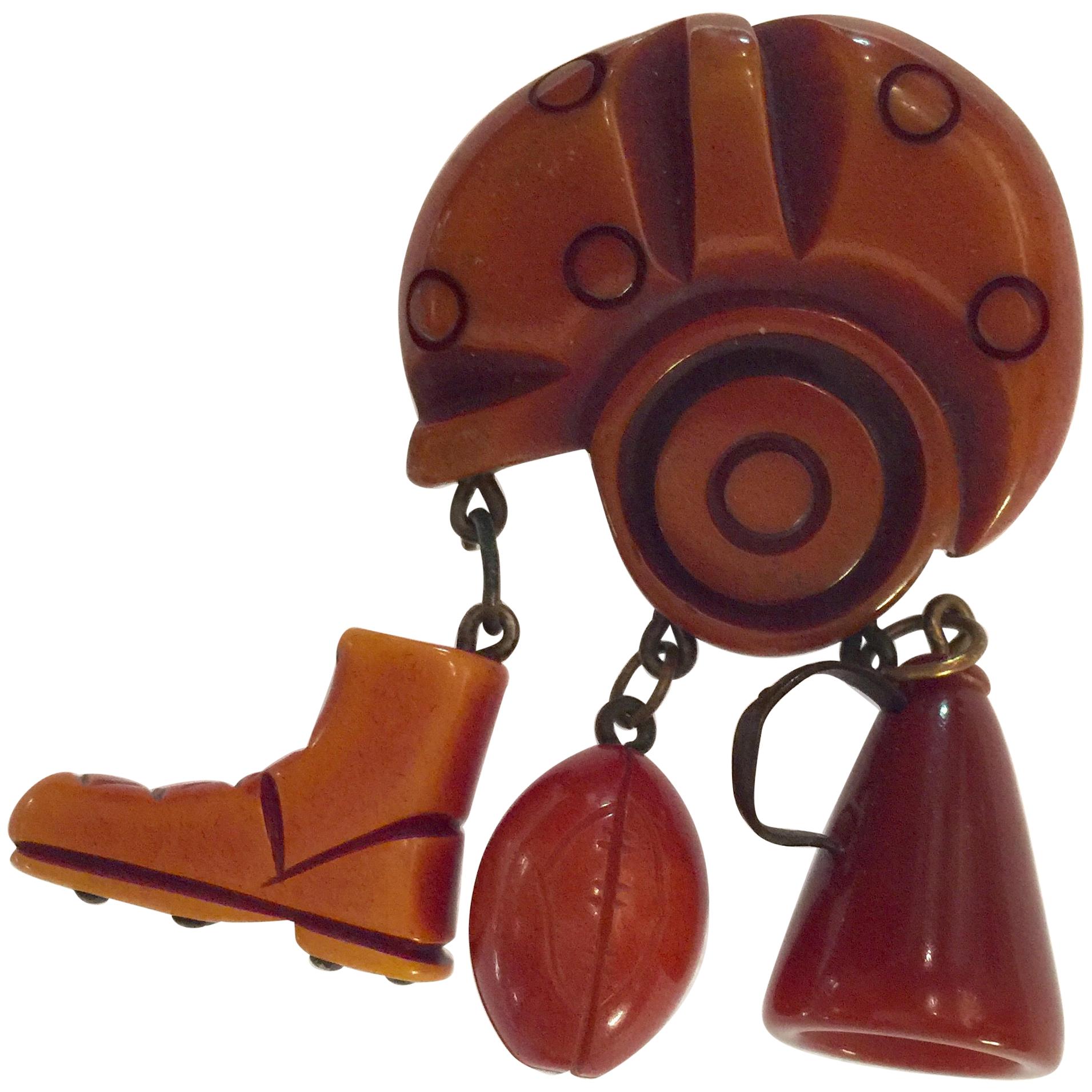 1930s Resin Washed Bakelite Figural Football Brooch/Pin Thematic Charm Drops For Sale