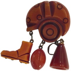 1930s Resin Washed Bakelite Figural Football Brooch/Pin Thematic Charm Drops