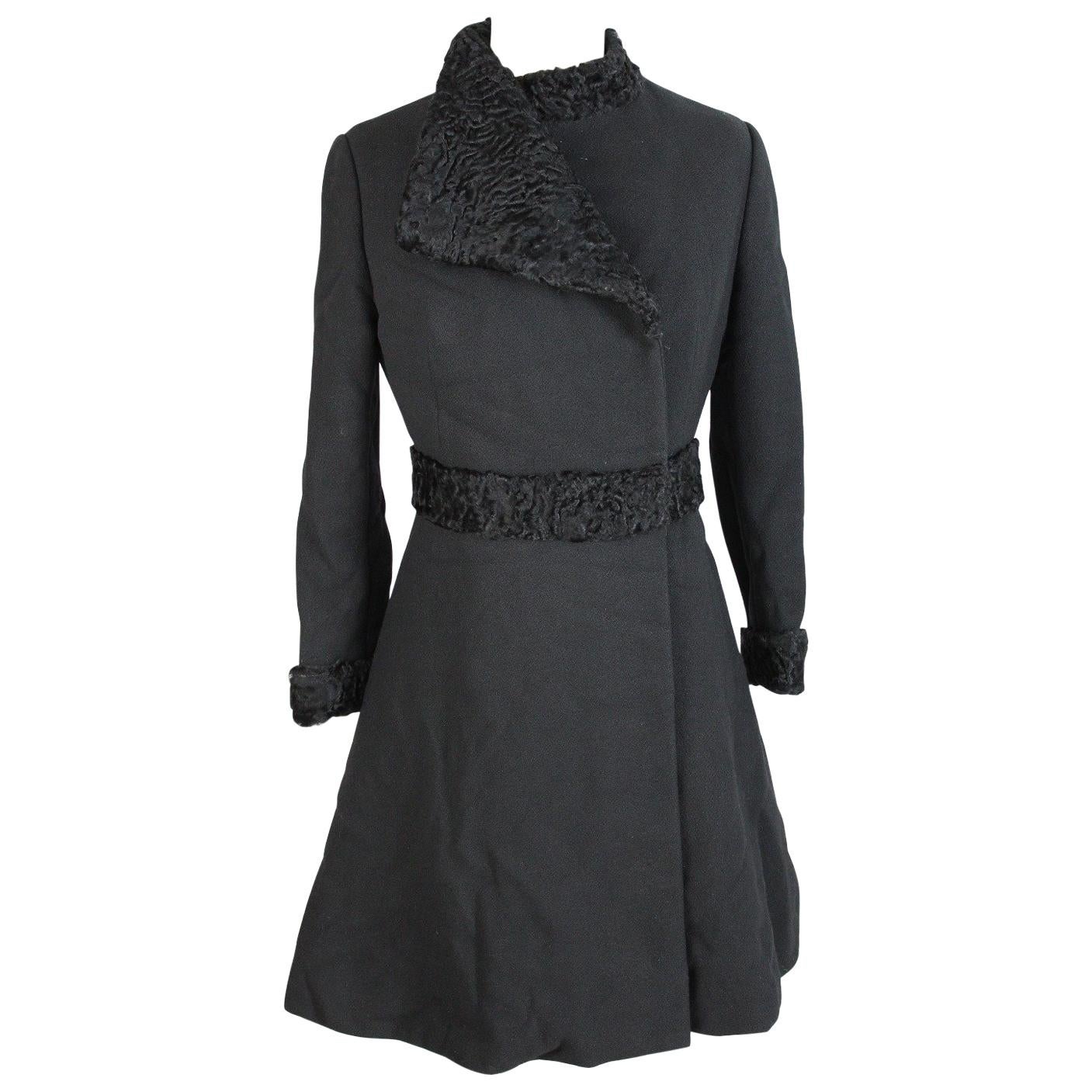 1980s Genny by Versace Black Astrakhan Fur Dress Coat