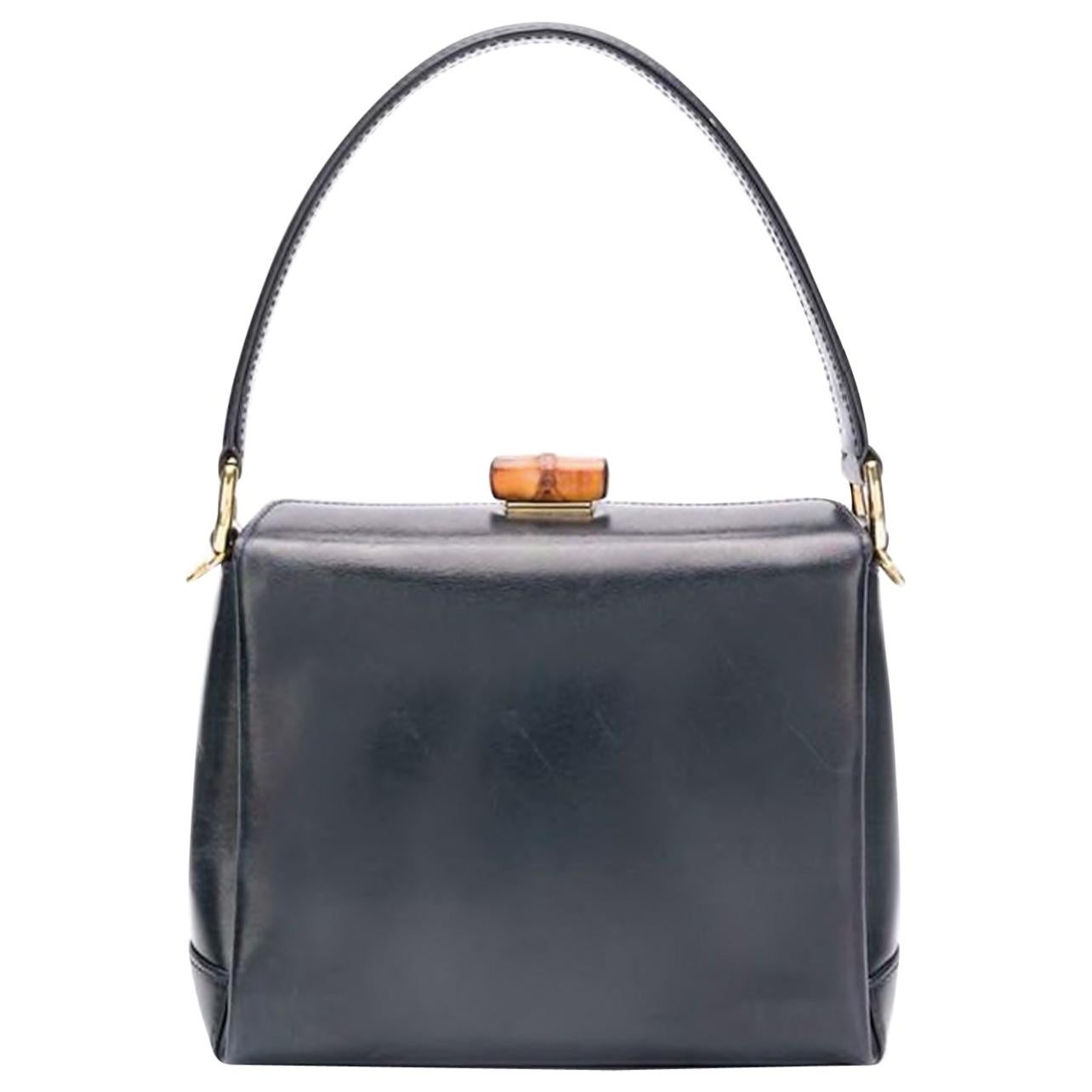 Gucci Small Navy Bamboo Leather Hand Bag at 1stDibs