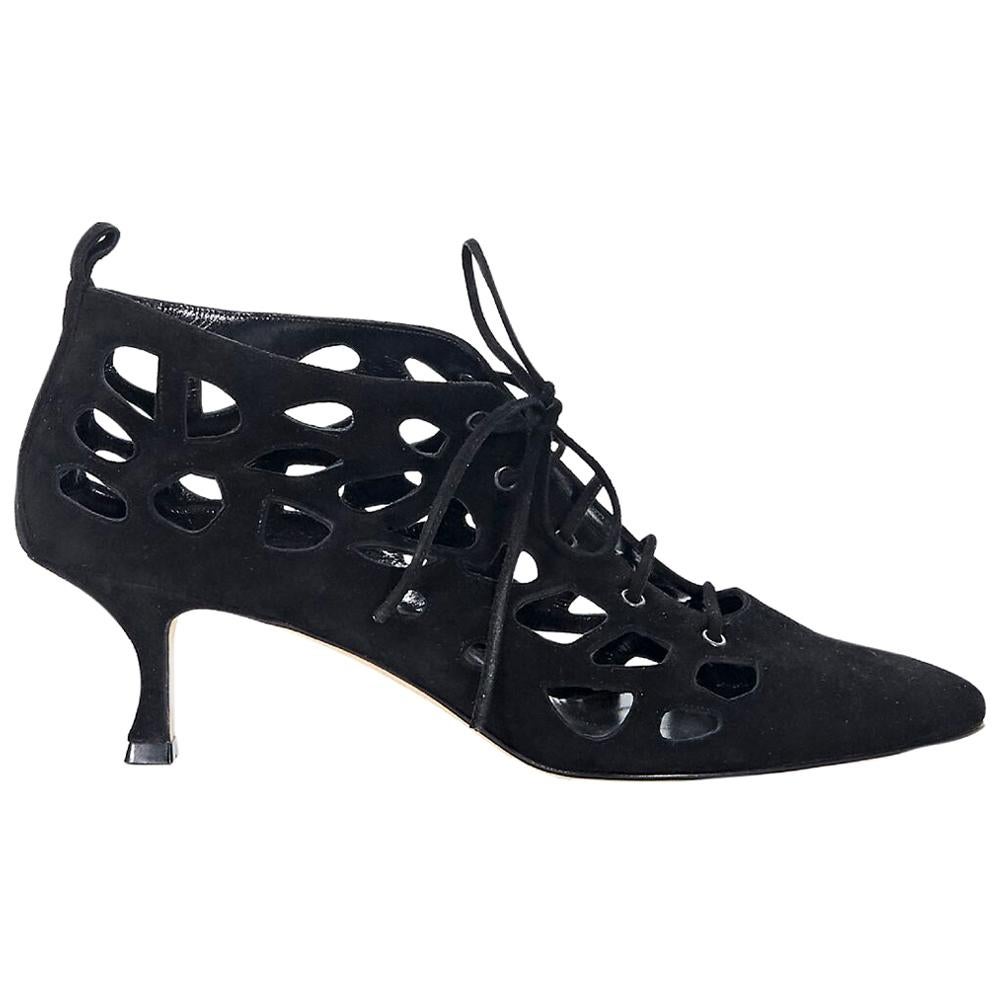 Black Manolo Blahnik Suede Cage Ankle Boots