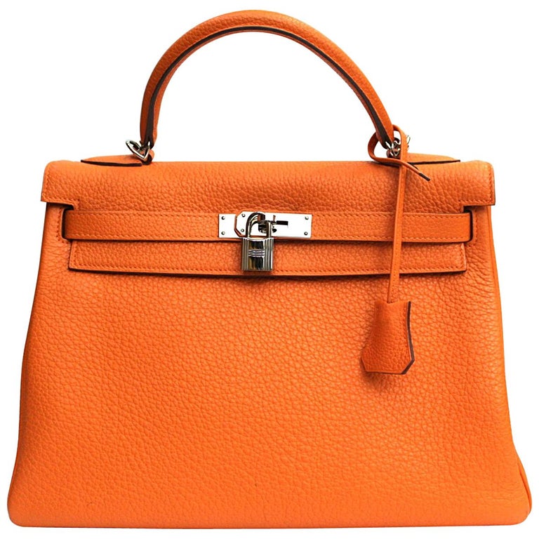 Hermes Orange Leather Kelly Taurillon Clemence 32cm Bag For Sale