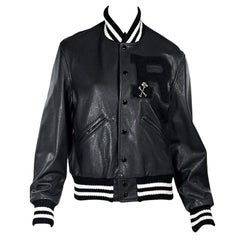 Black R13 Leather Varsity Bomber Jacket