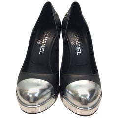 Chanel Black Leather and Silver Pump