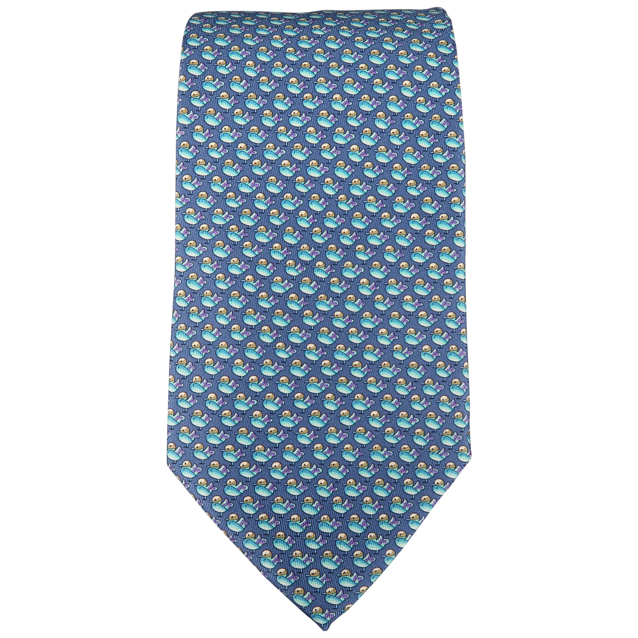 SALVATORE FERRAGAMO Purple & Blue Bird Print Silk Tie