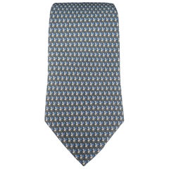 SALVATORE FERRAGAMO Grey & Blue Shamrock Print Silk Tie