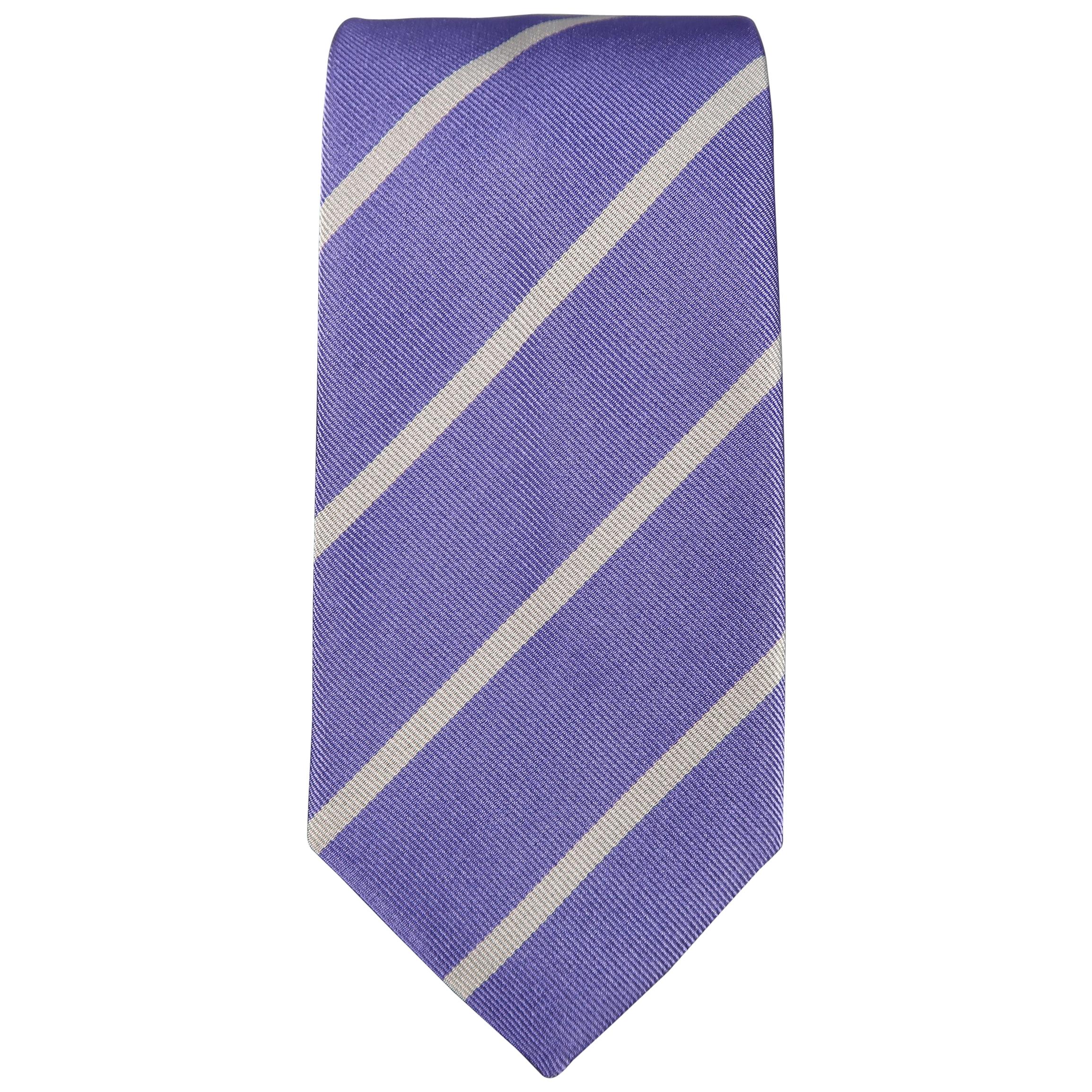 RALPH LAUREN Purple Label Diagonal Silver Striped Silk Tie