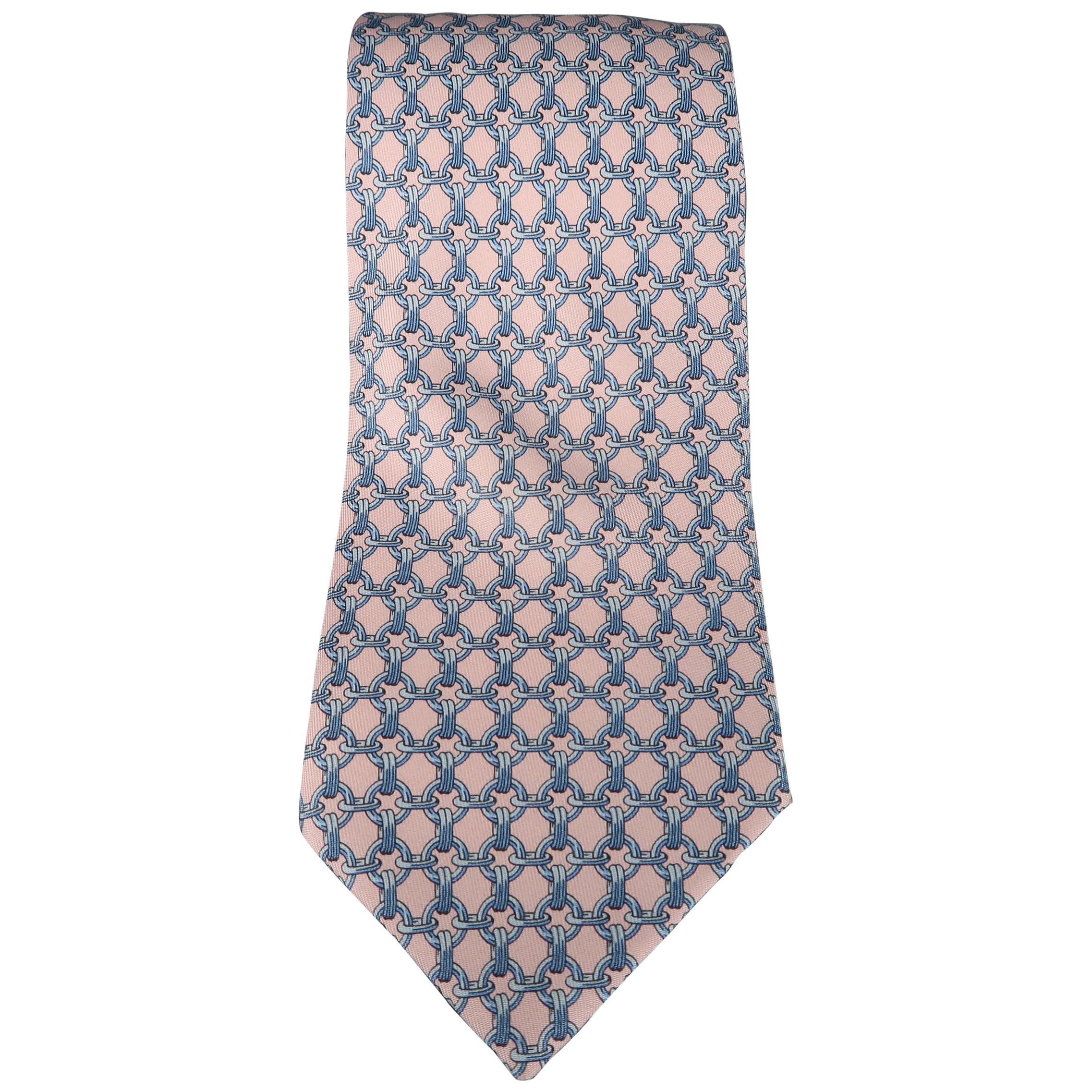 HERMES Pink & Blue Chain Print Silk Tie with Box
