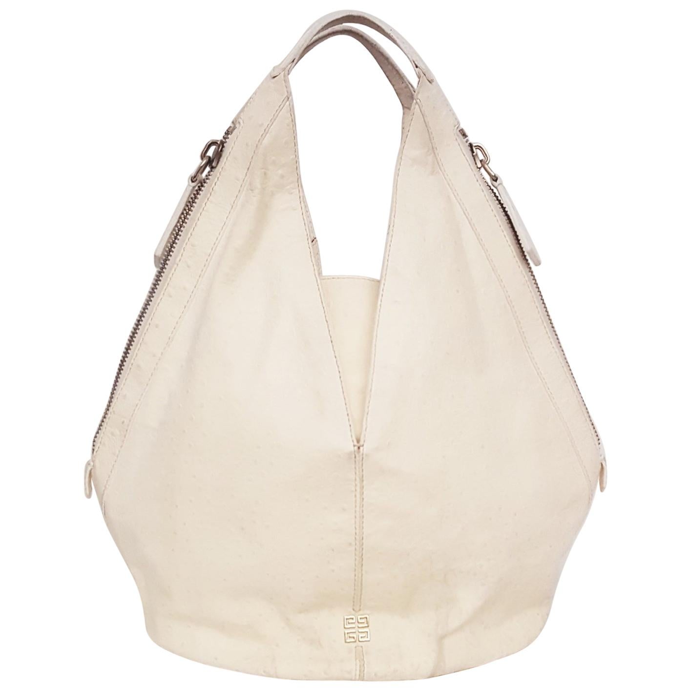 Givenchy Ivory Tinhan Ostrich Leather With Two Side Zippers Hobo Bag