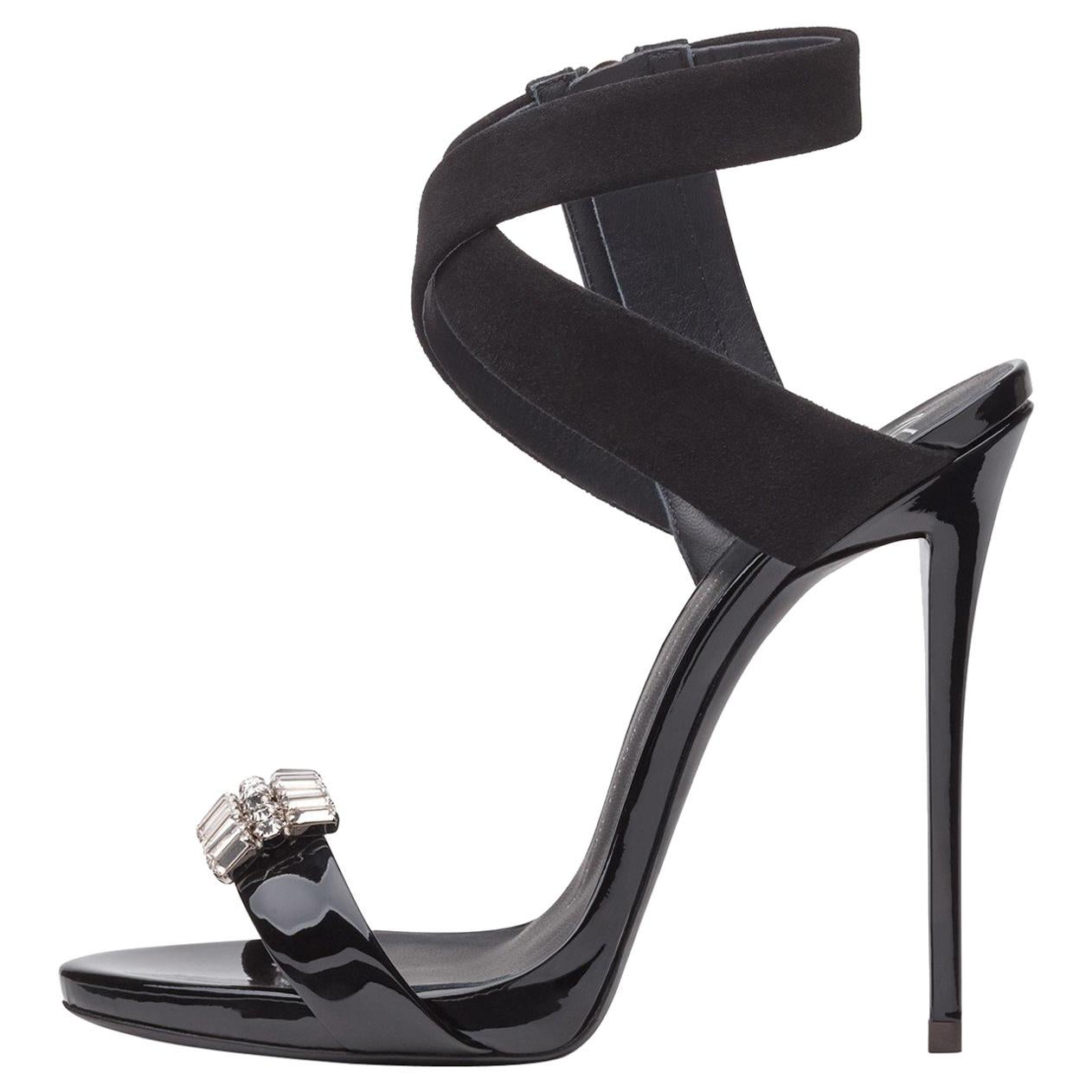 Giuseppe Zanotti NEW Black Suede Patent Crystal Evening Sandals Heels in Box