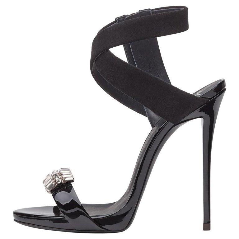 Giuseppe Zanotti NEW Black Suede Patent Crystal Evening Sandals Heels ...