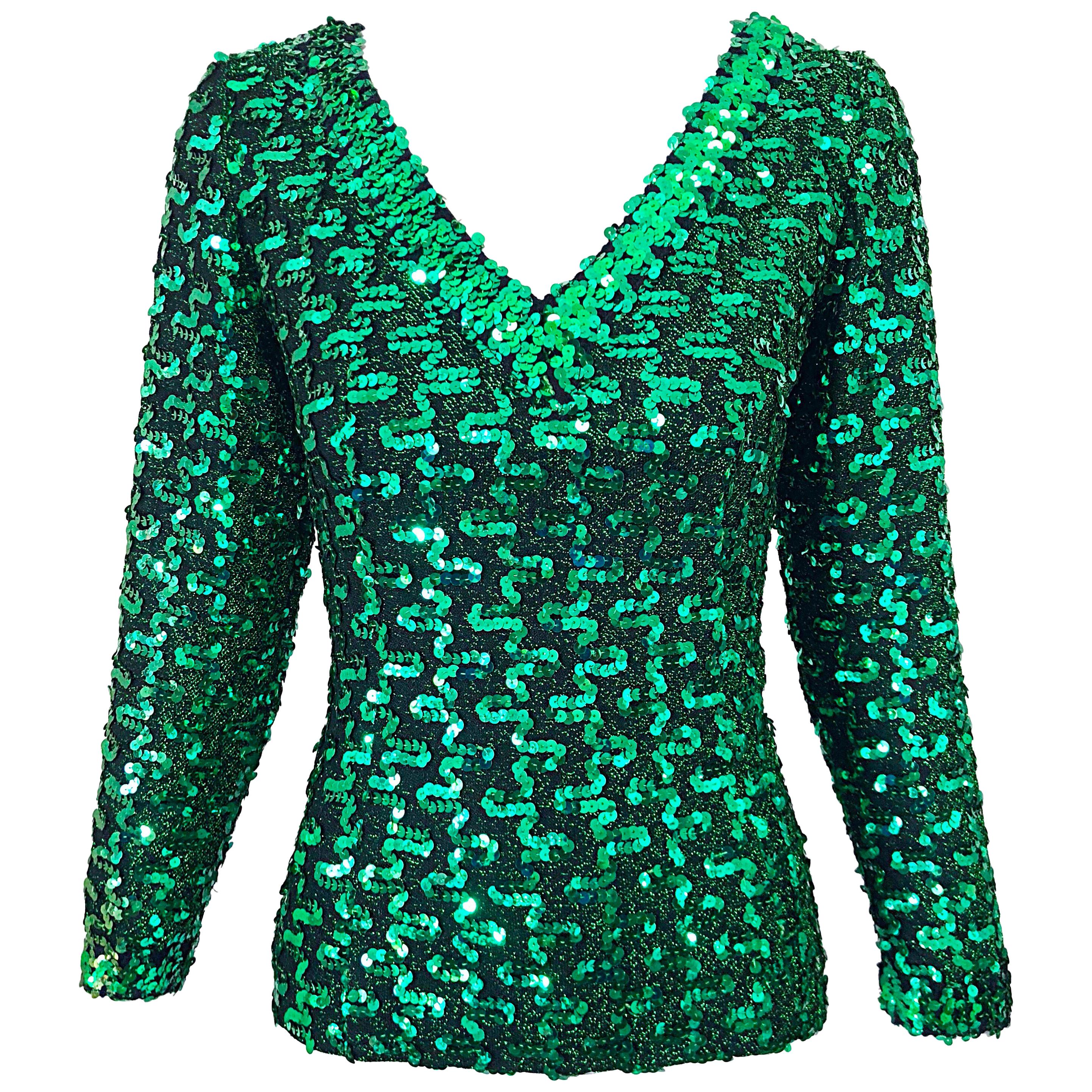 1970s Lilli Diamond Kelly Green Metallic Sequined Long Sleeve Knit Shirt Blouse For Sale