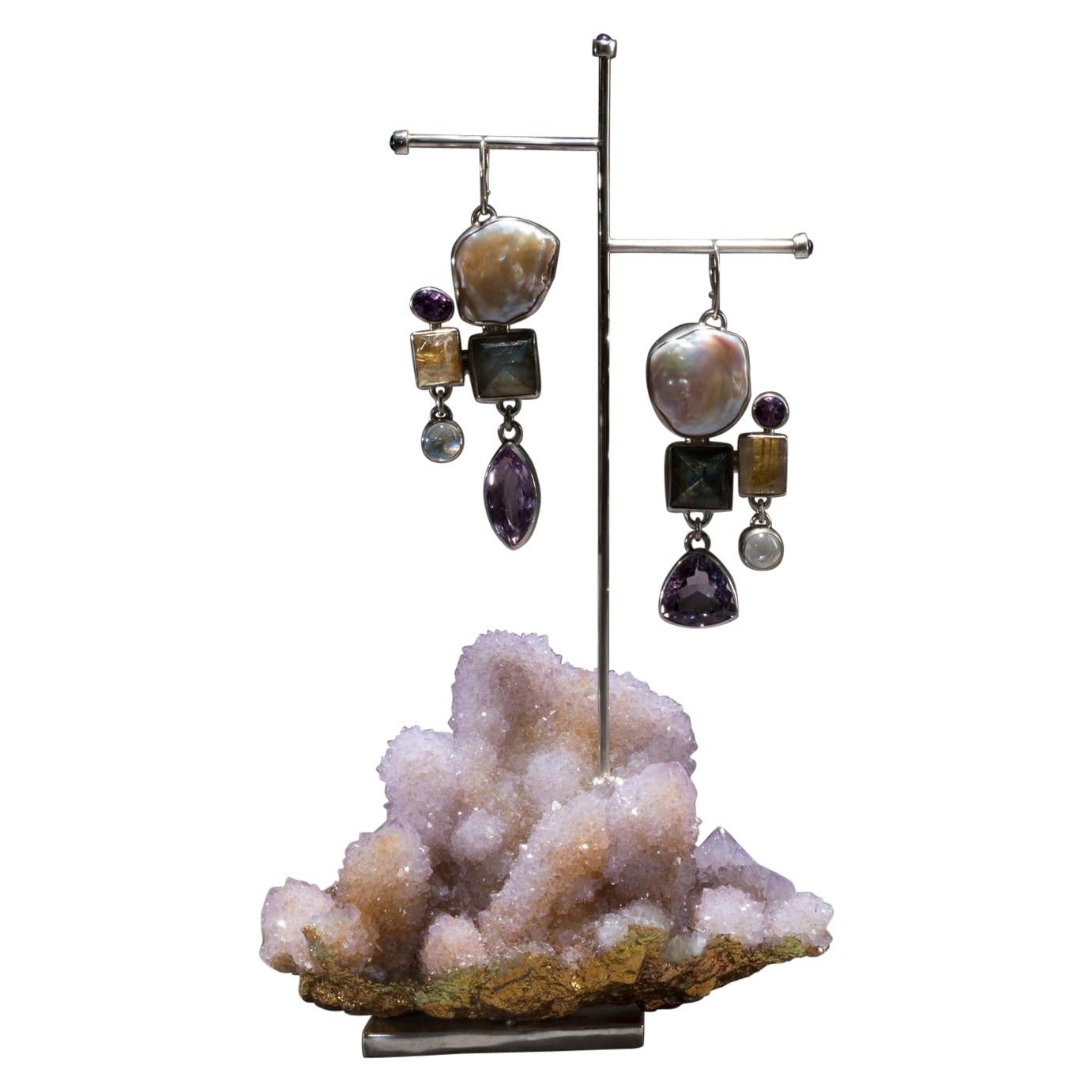 Studio Greytak 'Pearl Earrings On Cactus Amethyst' With Labradorite & Moonstone For Sale