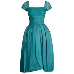 1950s- 1960s Dorothy Litzan for Roban Retro Blue Silk + Lace Cocktail Dress