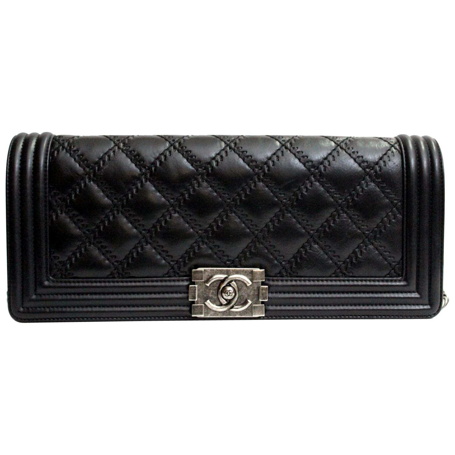 Chanel Black Leather Quilted Long Boy Clutch Bag 