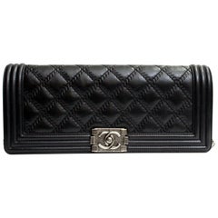 Chanel Black Leather Quilted Long Boy Clutch Bag