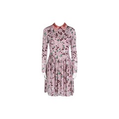 Valentino Pink Floral Print Contrast Applique Collar Pintuck Detail Dress S